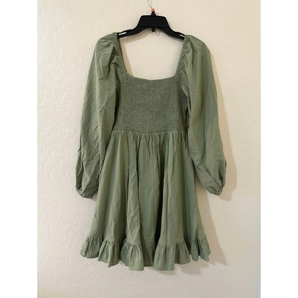 SHEIN VCAY Sage Green Cotton Puff Sleeve Smocked Mini Dress Crochet Trim Size M‎